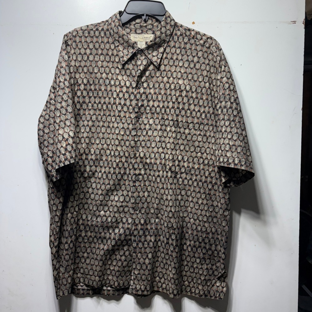 Tori Richard Mens XL Cotton Lawn Button Up Shirt Geometric Print Brown Black USA